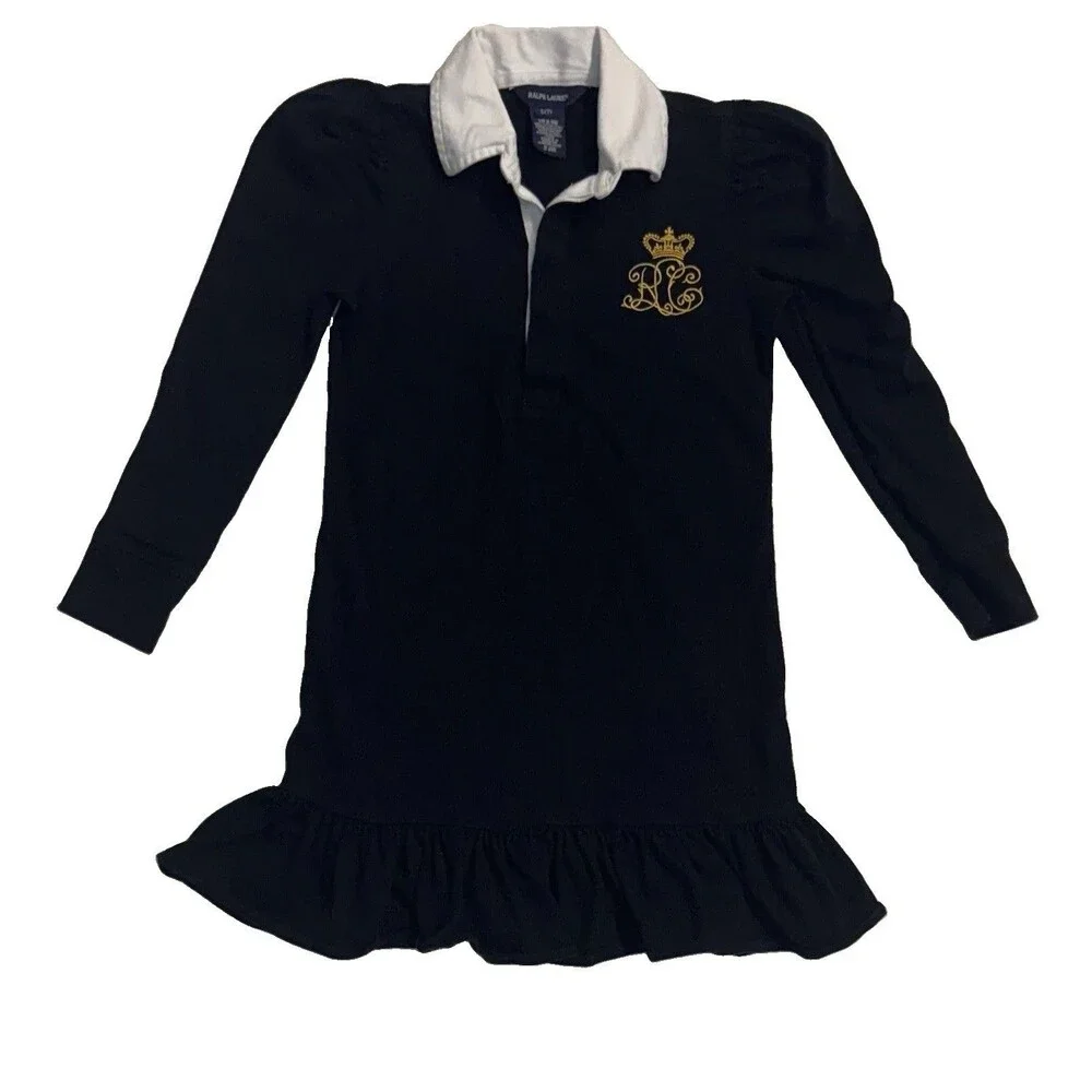 Ralph Lauren Vintage Black Monogrammed Long Sleeve Polo Ruffle Dress Size 7